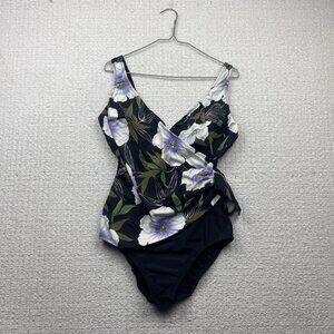 Longitude Swimsuit Womens 16 Floral Artsy AOP Ruched One Piece Beach Cruise